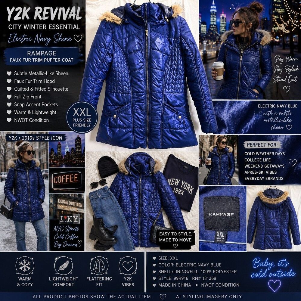 NWOT Rampage XXL Electric Navy Faux Fur Hood Quilted Puffer Coat Y2K